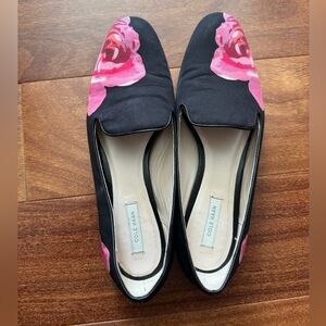 Cole Haan Black Flats with Pink Rose Print